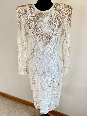 Vintage Lawrence Kazar Beaded Dress Ivory Pearl Sequin Cocktail S